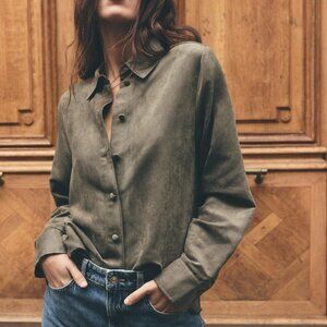 Zara Faux Suede Olive Casual Button Down Shirt